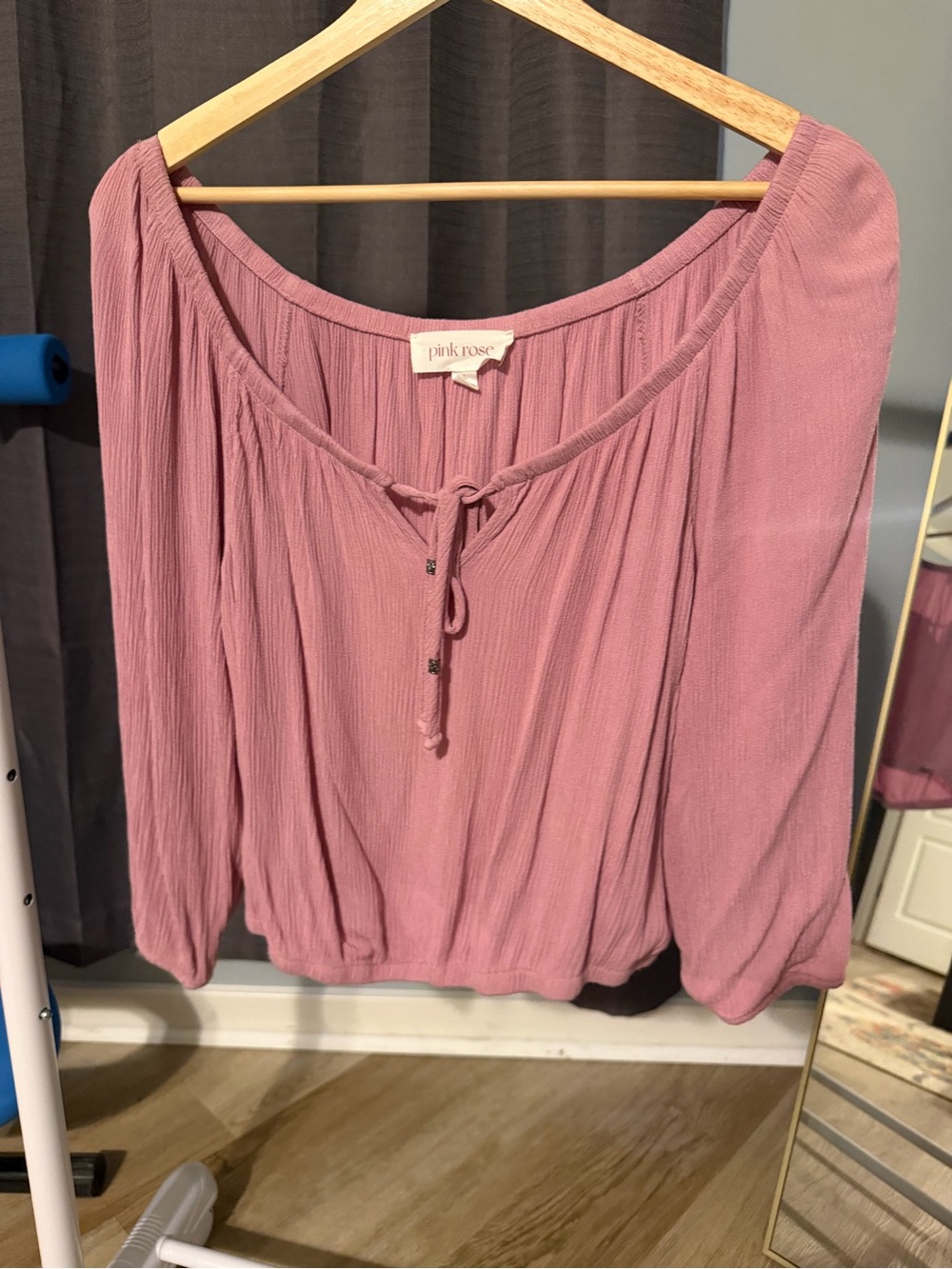 Pink Rose Women's Mauve Peasant Blouse with Tie Neck